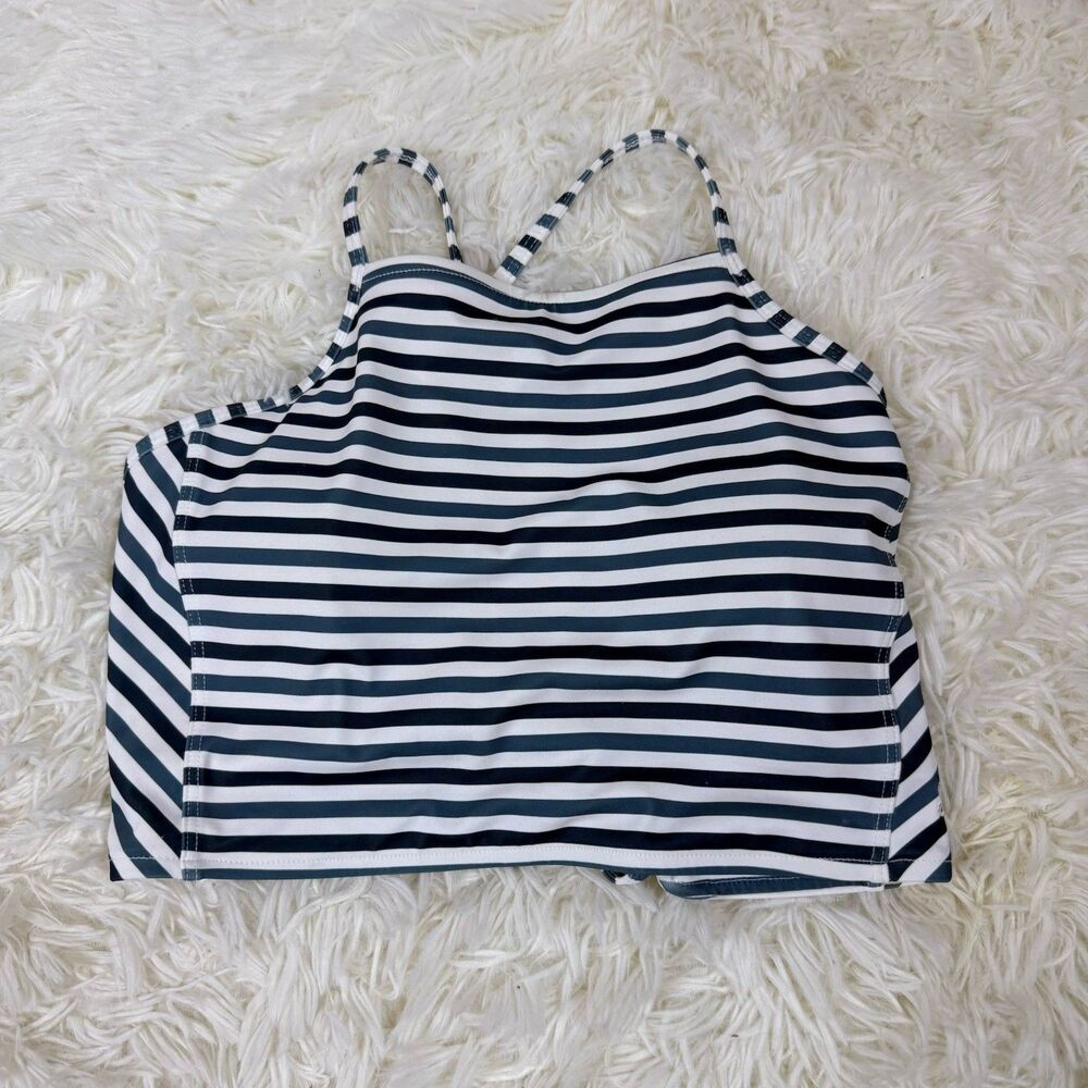 Albion Fit Pana Stripe Swim Top Halter Lace Up Green Blue Medium